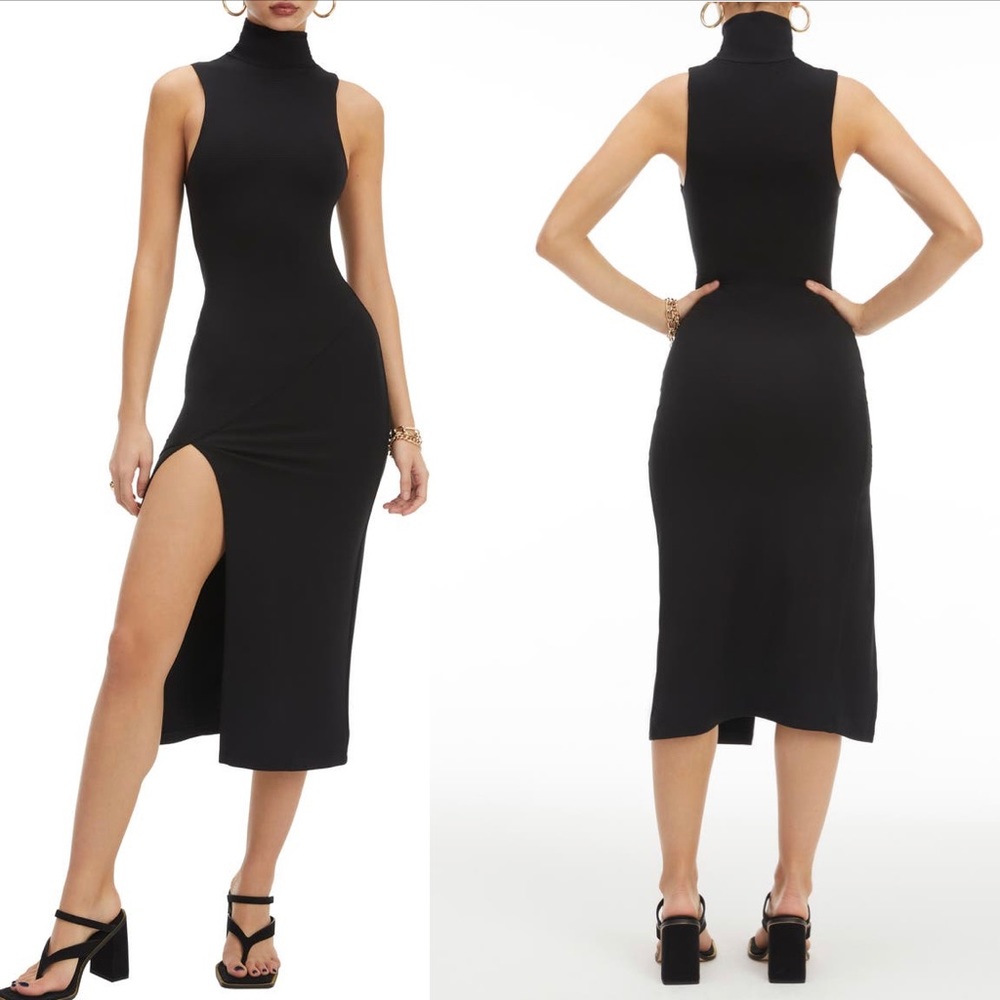 GOOD AMERICAN black turtleneck sleeveless high slit midi dress 1 Small